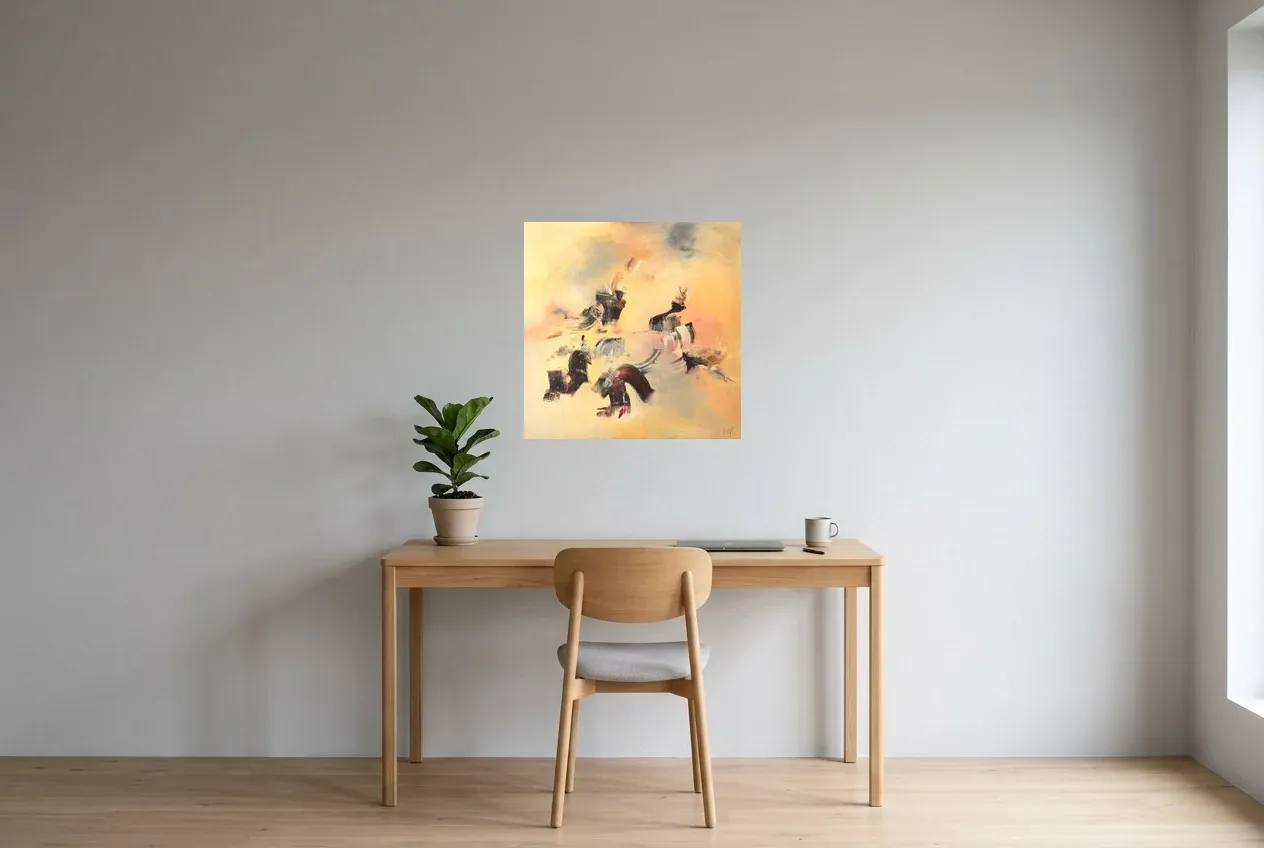 Tableau Abstrait Jaune 16 “Danse Celeste”, peinture originale à l'huile par Régine Gardan, 60 × 60 cm, tableau jaune accroché dans un bureau