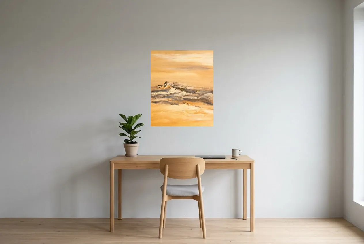 Tableau Abstrait Jaune 162 “Sahara”, peinture originale à l'huile par Régine Gardan, 60 × 73 cm, tableau jaune accroché dans un bureau