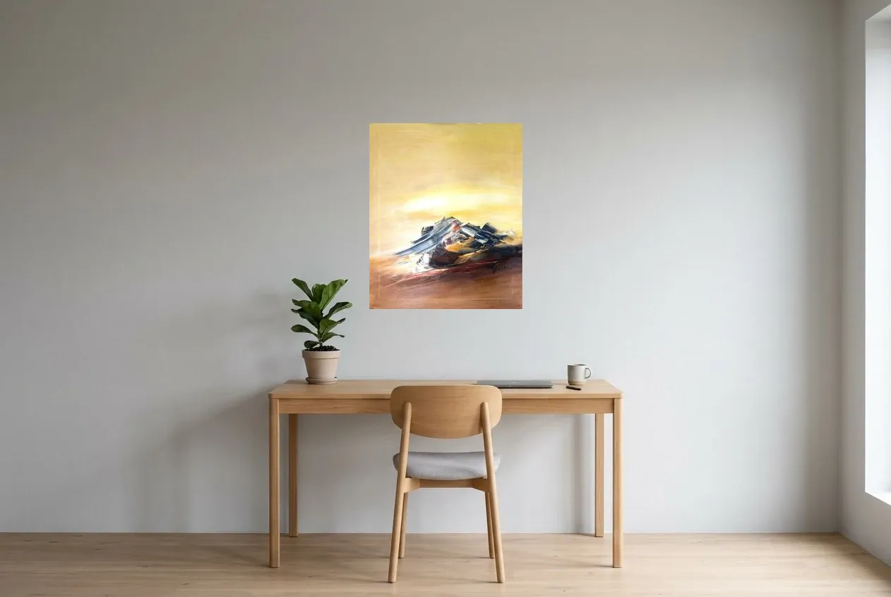 Tableau Abstrait Jaune 171 “Rose Des Sables”, peinture originale à l'huile par Régine Gardan, 60 × 73 cm, tableau jaune accroché dans un bureau