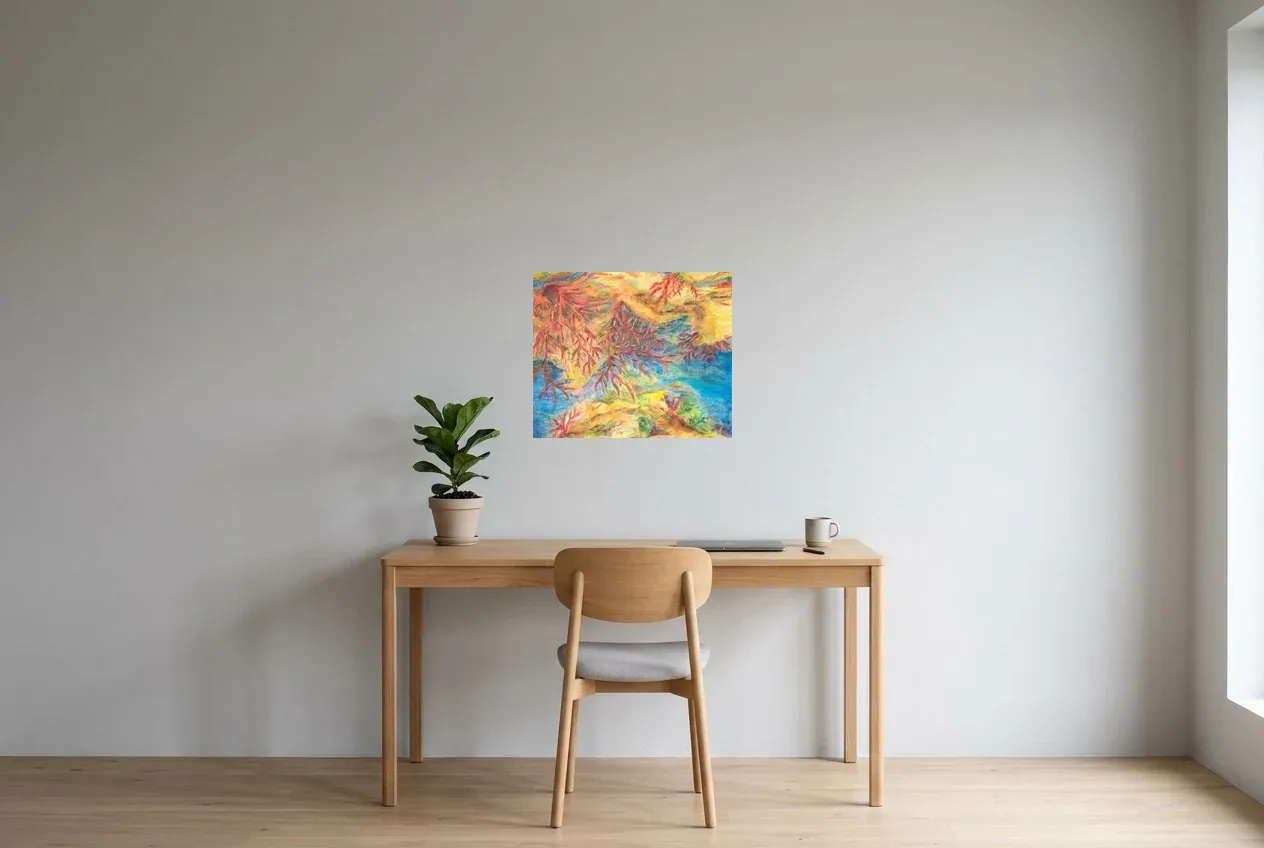Tableau Abstrait Jaune 181 “Grande Barrière De Corail”, peinture originale à l'huile par Régine Gardan, 55 × 46 cm, tableau jaune accroché dans un bureau