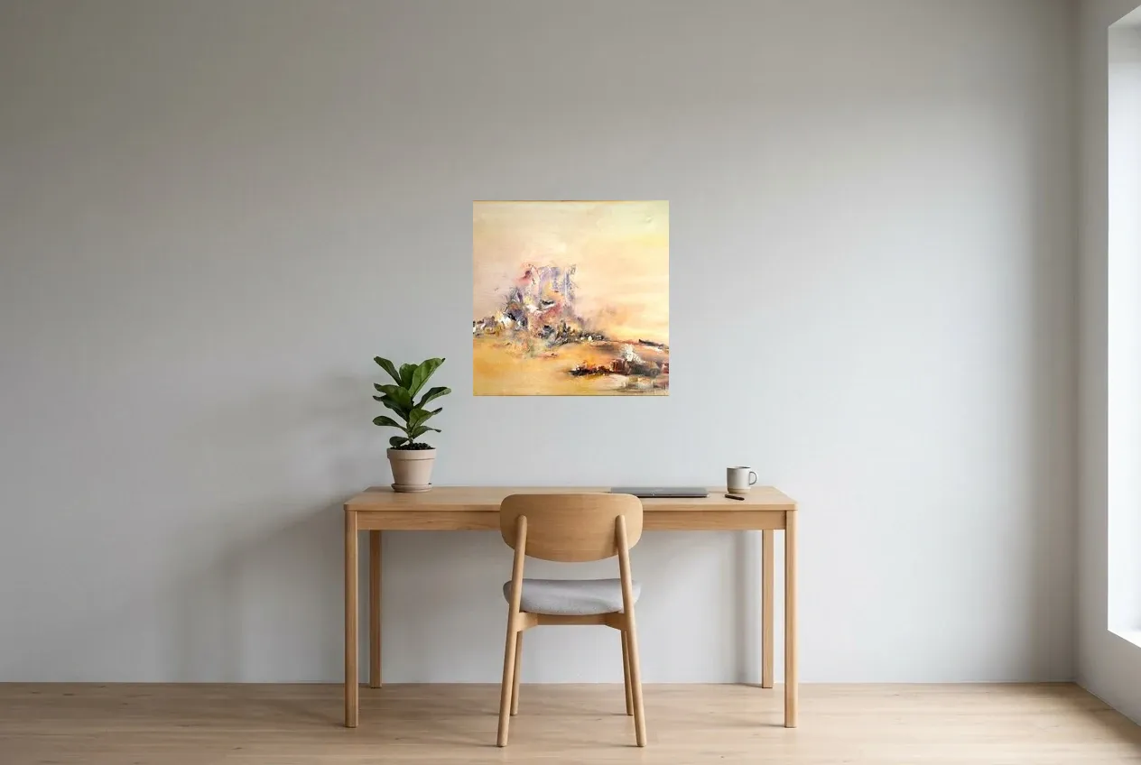 Tableau Abstrait Jaune 190 “Volcan Marin”, peinture originale à l'huile par Régine Gardan, 60 × 60 cm, tableau jaune accroché dans un bureau