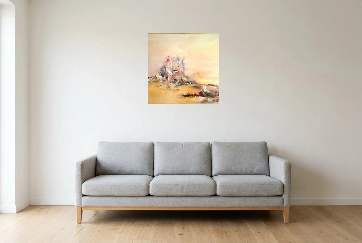 Tableau Abstrait Jaune 190 “Volcan Marin”, peinture originale à l'huile par Régine Gardan, 60 × 60 cm, tableau jaune accroché dans un salon