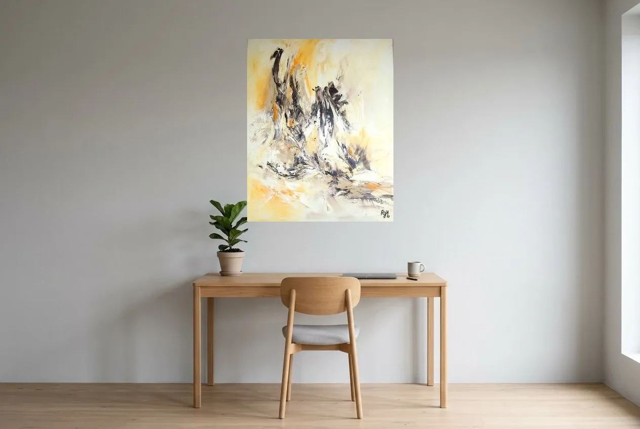Tableau Abstrait Jaune 197 “Incarnation”, peinture originale à l'huile par Régine Gardan, 80 × 100 cm, tableau jaune accroché dans un bureau