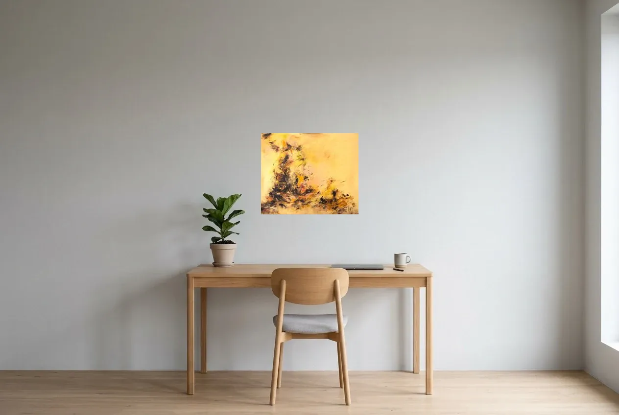 Tableau Abstrait Jaune 23 “Terre Volcanique”, peinture originale à l'huile par Régine Gardan, 55 × 46 cm, tableau jaune accroché dans un bureau