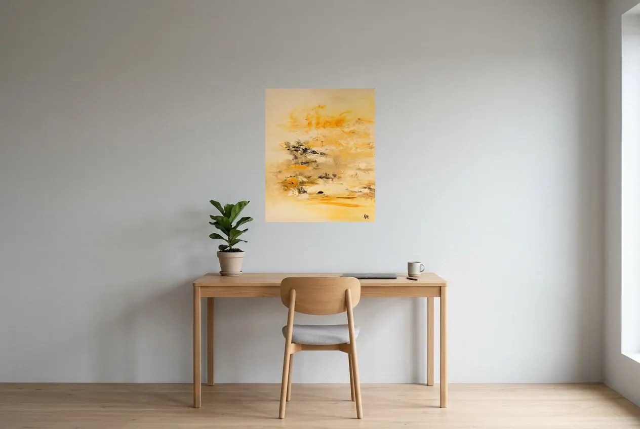 Tableau Abstrait Jaune 234 “Coucher De Soleil”, peinture originale à l'huile par Régine Gardan, 60 × 73 cm, tableau jaune accroché dans un bureau