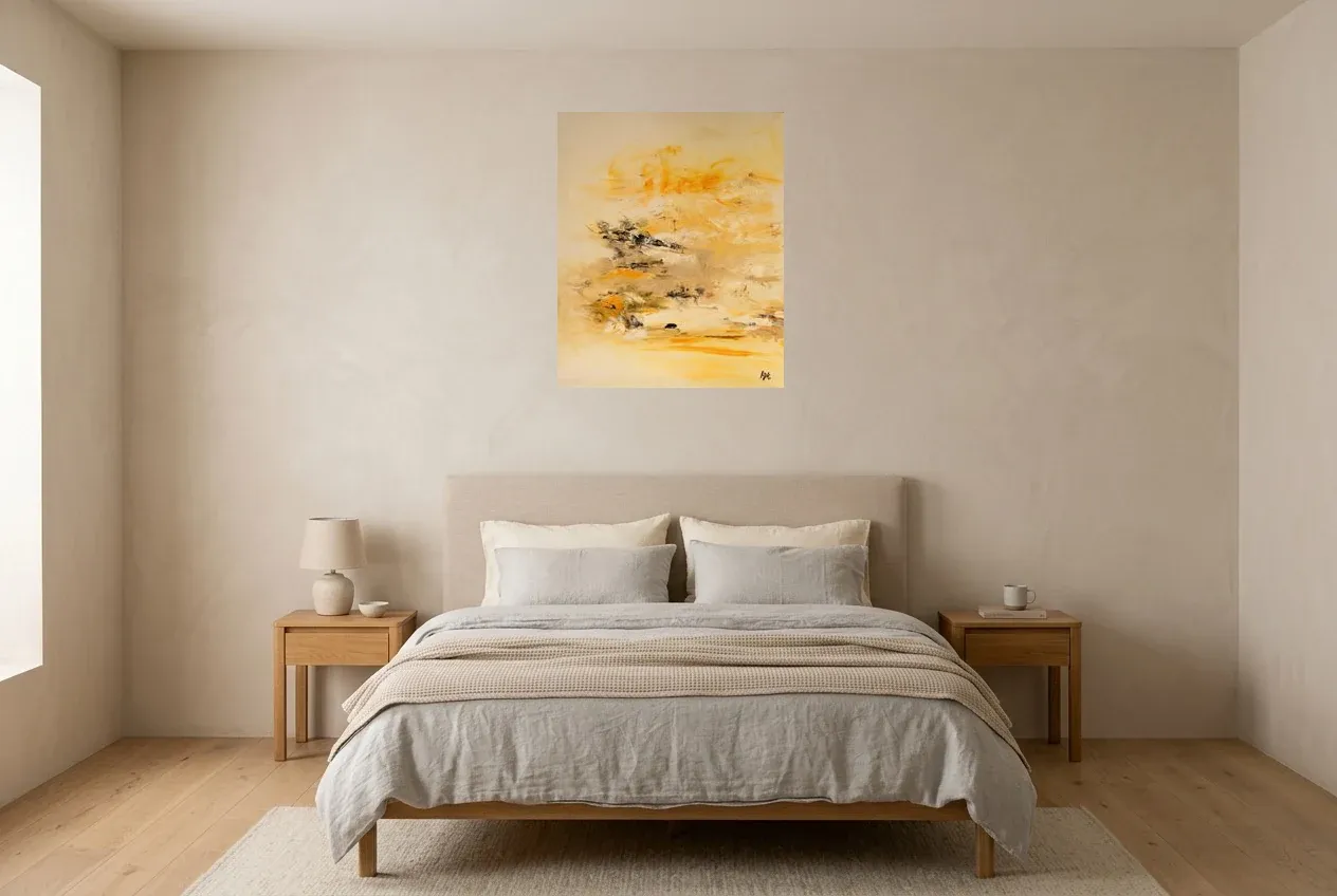 Tableau Abstrait Jaune 234 “Coucher De Soleil”, peinture originale à l'huile par Régine Gardan, 60 × 73 cm, tableau jaune accroché dans une chambre