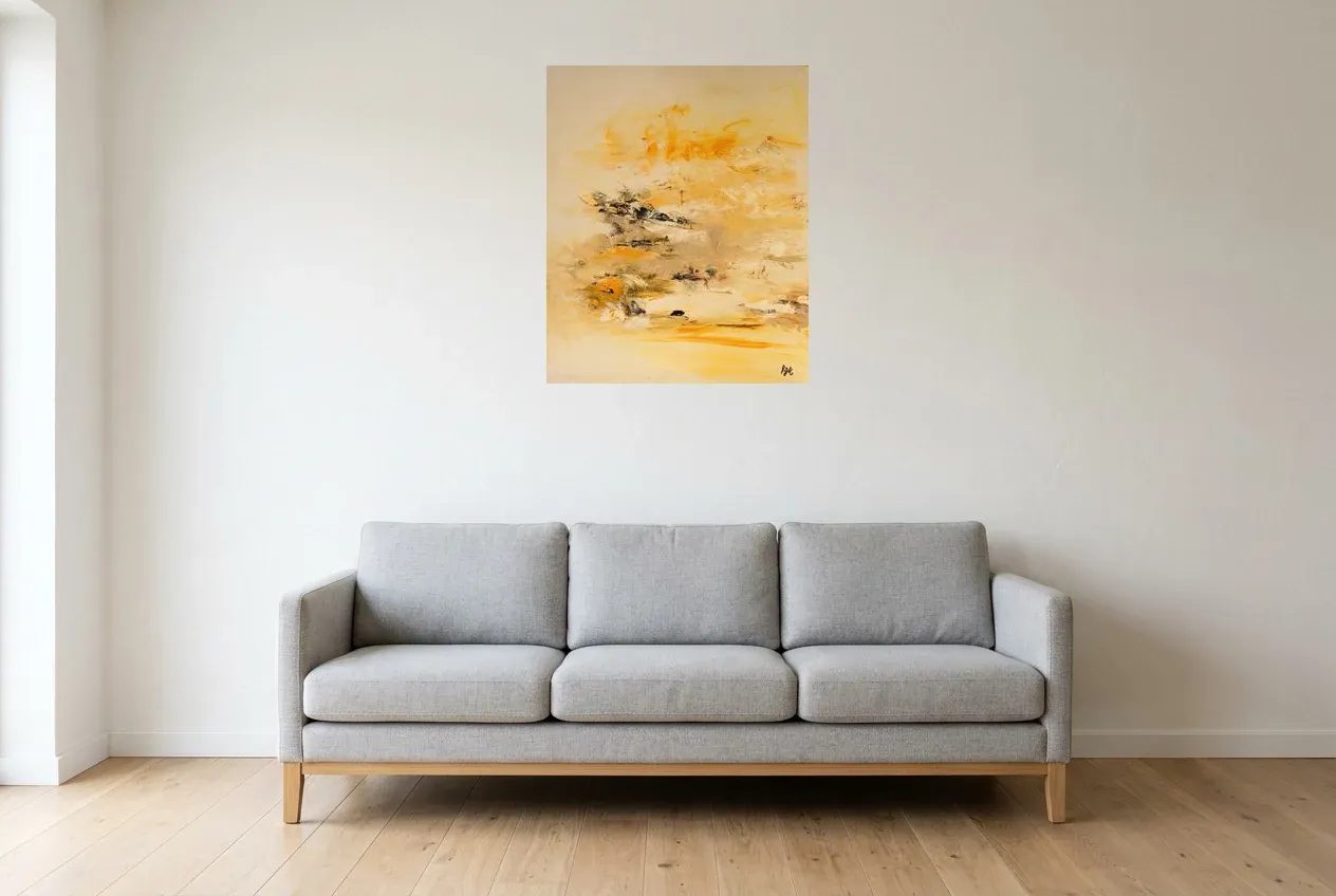 Tableau Abstrait Jaune 234 “Coucher De Soleil”, peinture originale à l'huile par Régine Gardan, 60 × 73 cm, tableau jaune accroché dans un salon