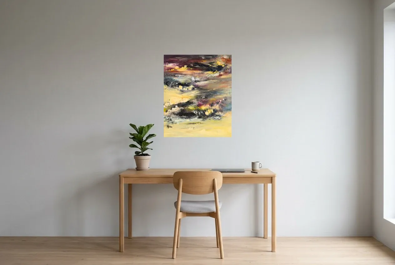 Tableau Abstrait Jaune 235 “Ying Yang”, peinture originale à l'huile par Régine Gardan, 60 × 73 cm, tableau jaune accroché dans un bureau