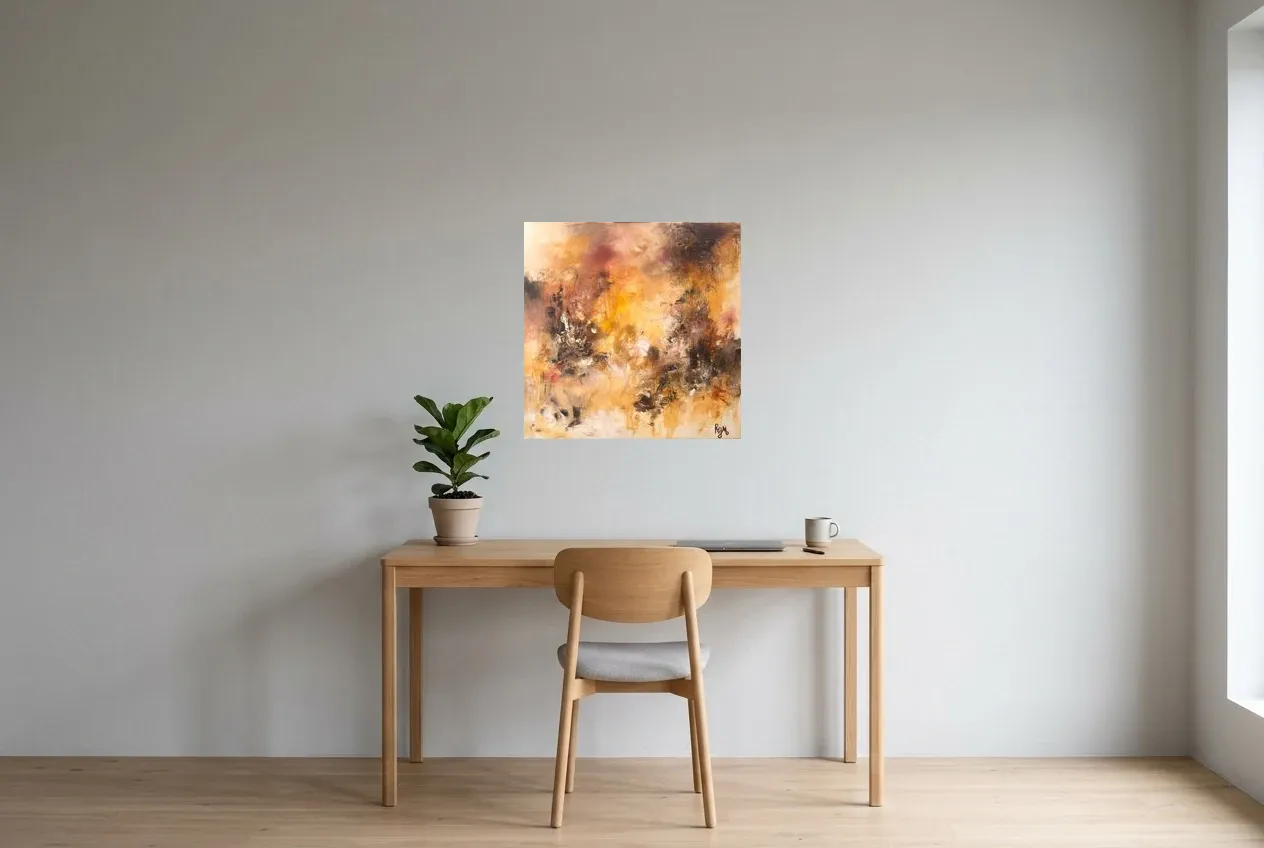 Tableau Abstrait Jaune 35 “Feu De Camp”, peinture originale à l'huile par Régine Gardan, 60 × 60 cm, tableau jaune accroché dans un bureau