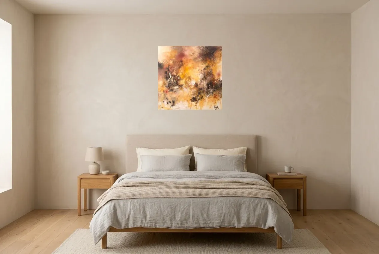 Tableau Abstrait Jaune 35 “Feu De Camp”, peinture originale à l'huile par Régine Gardan, 60 × 60 cm, tableau jaune accroché dans une chambre