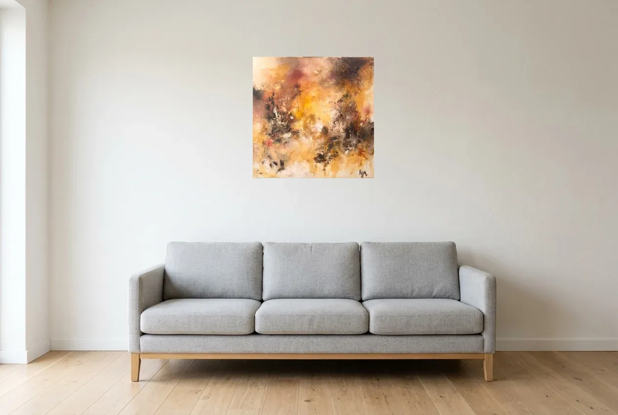 Tableau abstrait ocre Feu De Camp de Régine Gardan accroché au-dessus d'un canapé gris dans un salon clair au parquet chaud
