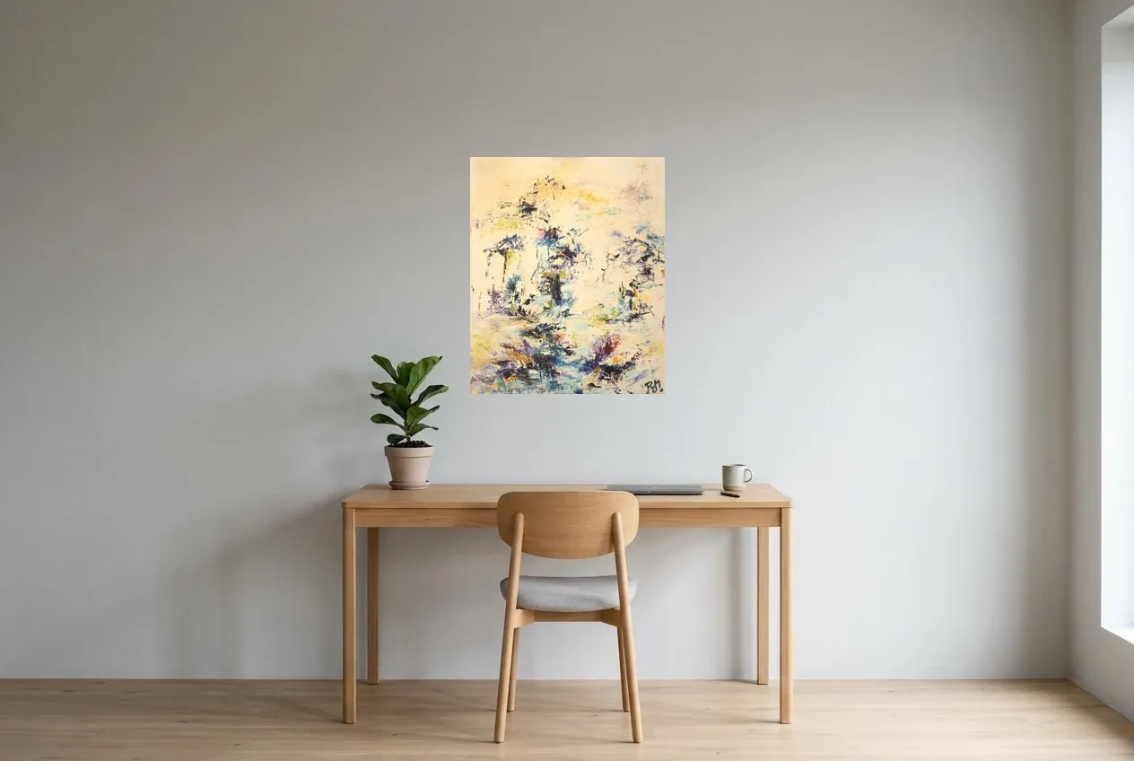 Tableau Abstrait Jaune 36 “Point d’Eau”, peinture originale à l'huile par Régine Gardan, 60 × 73 cm, tableau jaune accroché dans un bureau