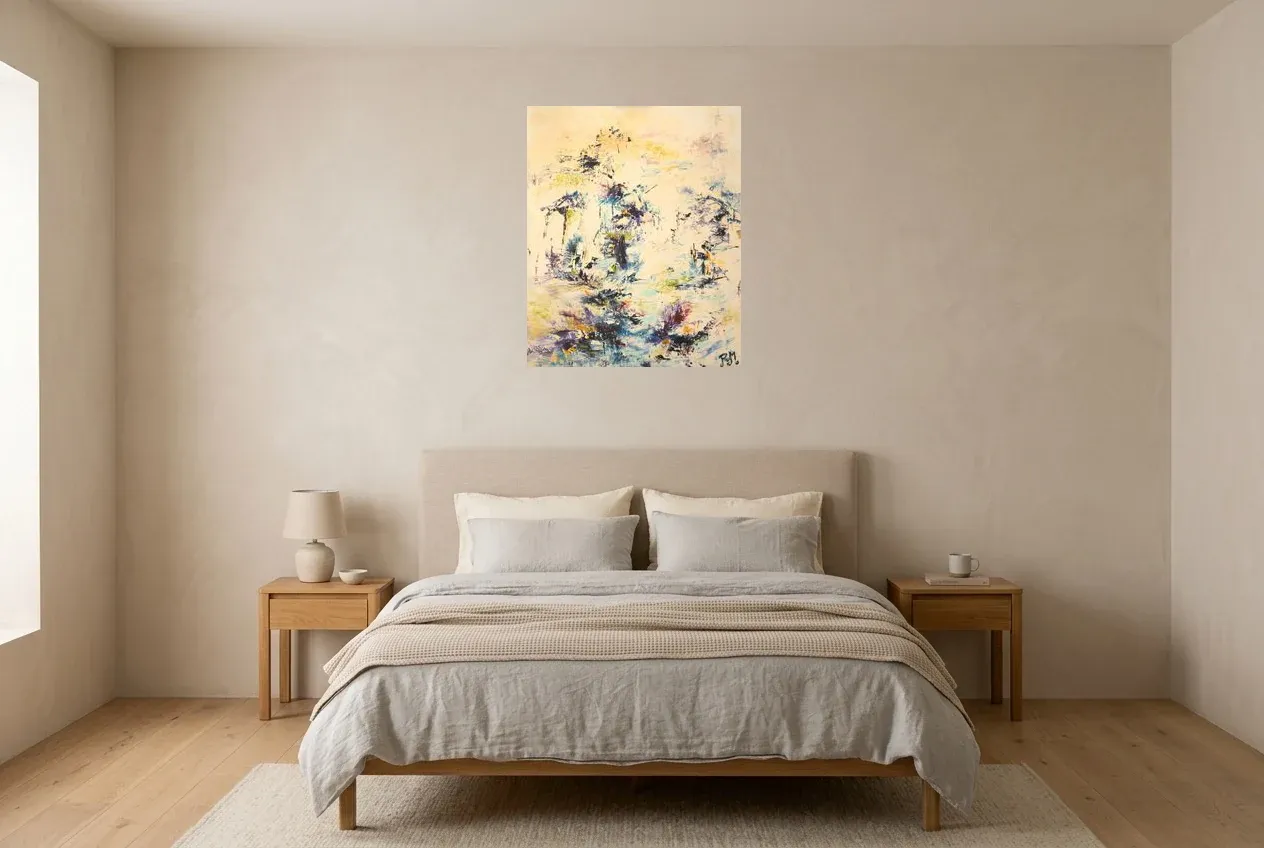 Tableau Abstrait Jaune 36 “Point d’Eau”, peinture originale à l'huile par Régine Gardan, 60 × 73 cm, tableau jaune accroché dans une chambre
