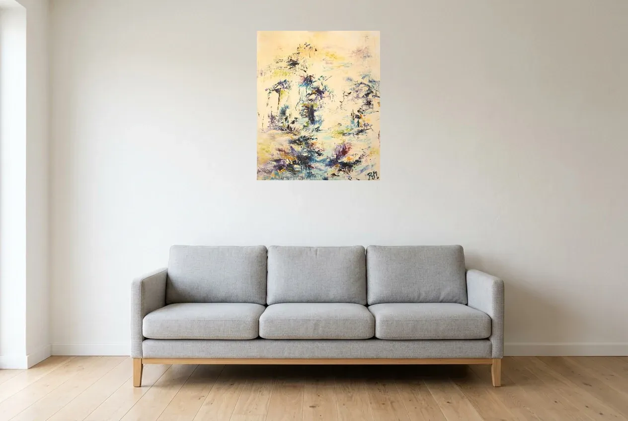 Tableau Abstrait Jaune 36 “Point d’Eau”, peinture originale à l'huile par Régine Gardan, 60 × 73 cm, tableau jaune accroché dans un salon