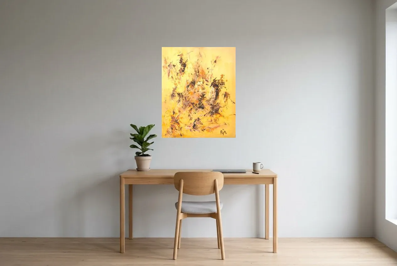 Tableau Abstrait Jaune 38 “Savane”, peinture originale à l'huile par Régine Gardan, 65 × 80 cm, tableau jaune accroché dans un bureau