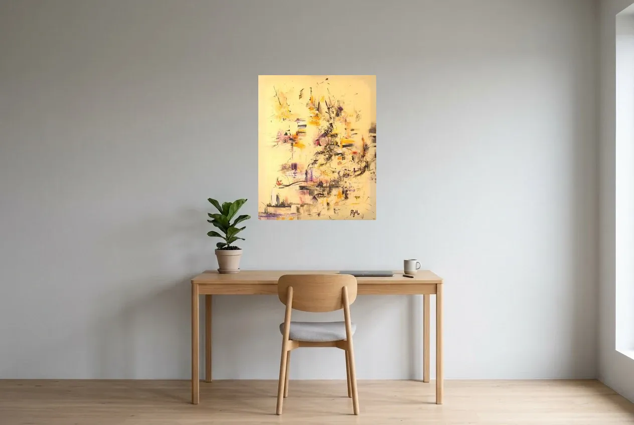 Tableau Abstrait Jaune 40 “Cinq Terres”, peinture originale à l'huile par Régine Gardan, 65 × 80 cm, tableau jaune accroché dans un bureau