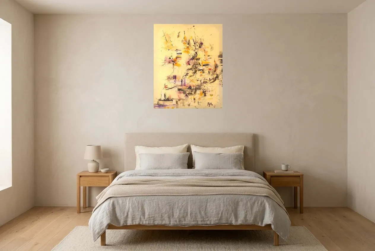 Tableau Abstrait Jaune 40 “Cinq Terres”, peinture originale à l'huile par Régine Gardan, 65 × 80 cm, tableau jaune accroché dans une chambre