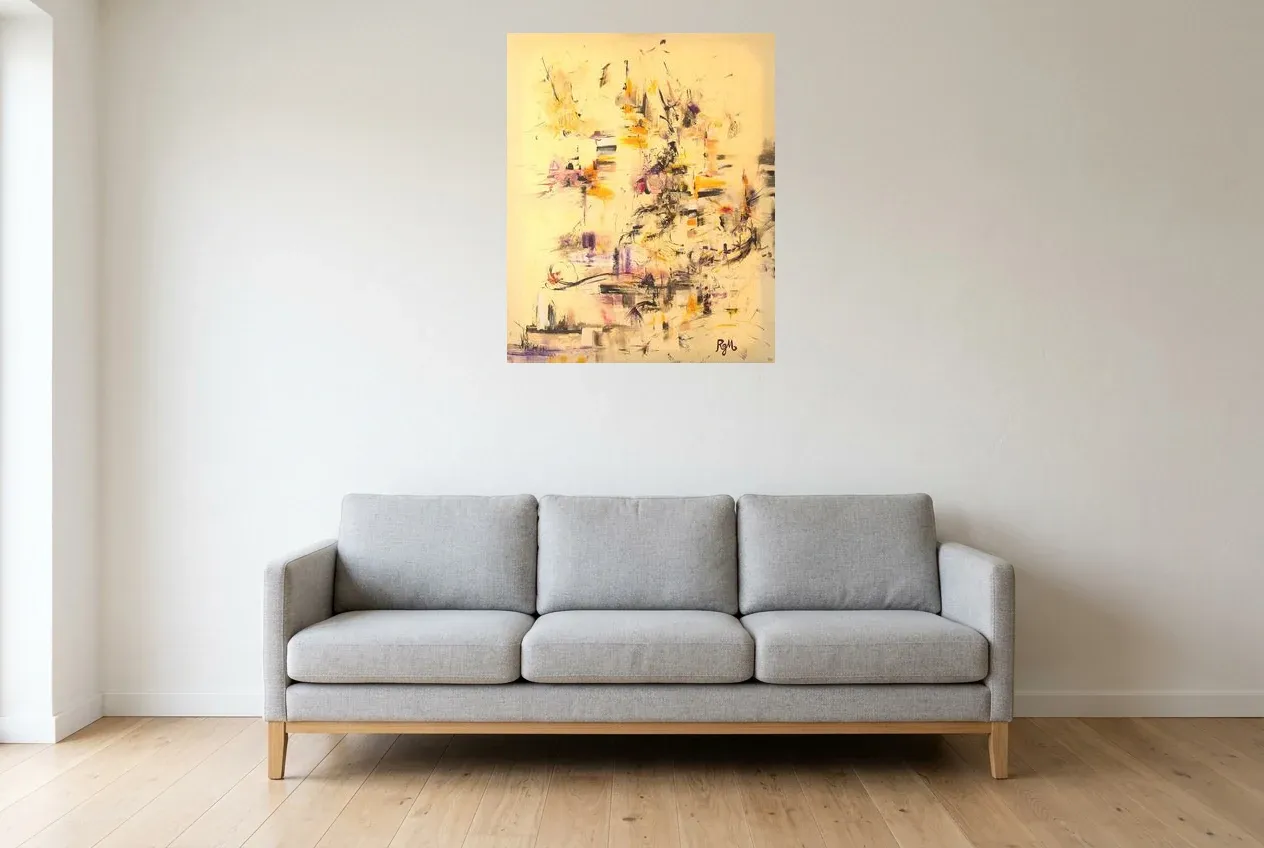 Tableau Abstrait Jaune 40 “Cinq Terres”, peinture originale à l'huile par Régine Gardan, 65 × 80 cm, tableau jaune accroché dans un salon