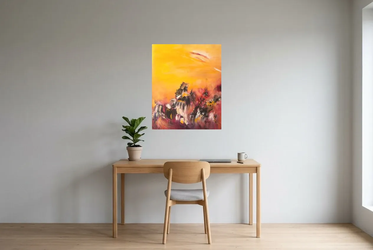 Tableau Abstrait Jaune 43 “Soleil”, peinture originale à l'huile par Régine Gardan, 65 × 80 cm, tableau jaune accroché dans un bureau
