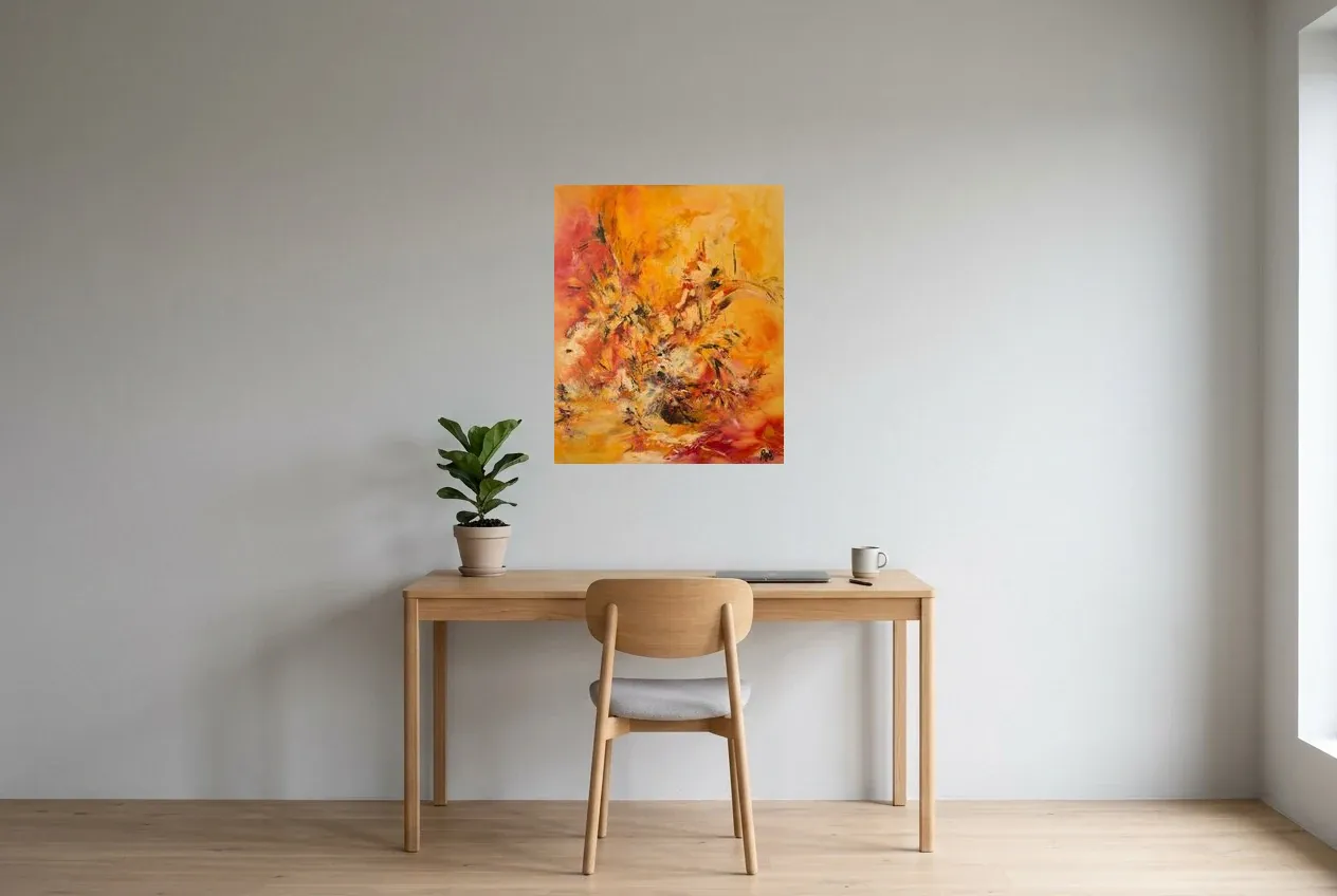 Tableau Abstrait Jaune 48 “Dragon”, peinture originale à l'huile par Régine Gardan, 60 × 73 cm, tableau jaune accroché dans un bureau