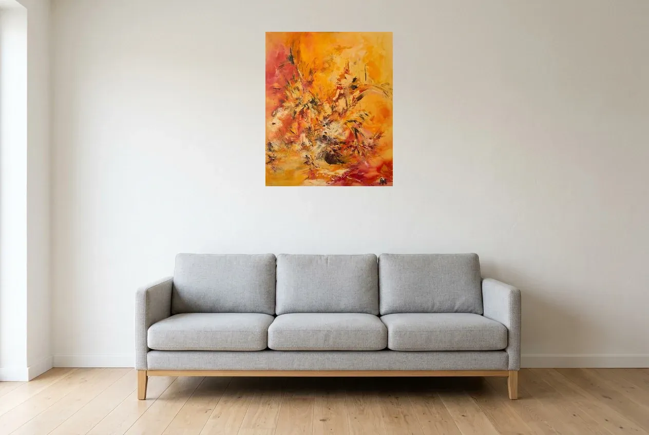 Tableau Abstrait Jaune 48 “Dragon”, peinture originale à l'huile par Régine Gardan, 60 × 73 cm, tableau jaune accroché dans un salon