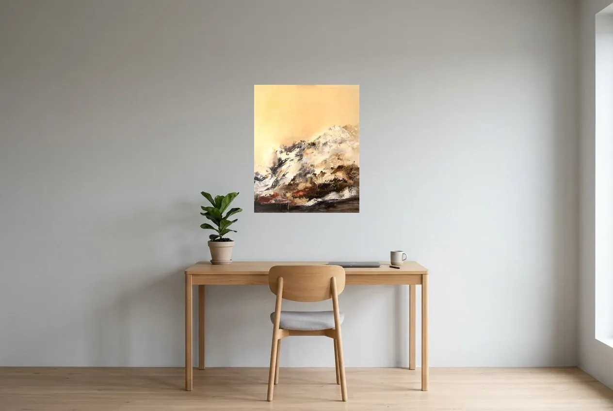 Tableau Abstrait Jaune 50 “Forêt Noire”, peinture originale à l'huile par Régine Gardan, 60 × 73 cm, tableau jaune accroché dans un bureau