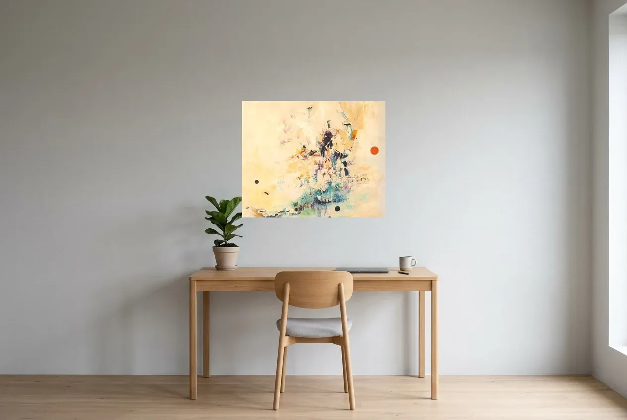 Tableau Abstrait Jaune 56 “Colombe”, peinture originale à l'huile par Régine Gardan, 80 × 65 cm, tableau jaune accroché dans un bureau