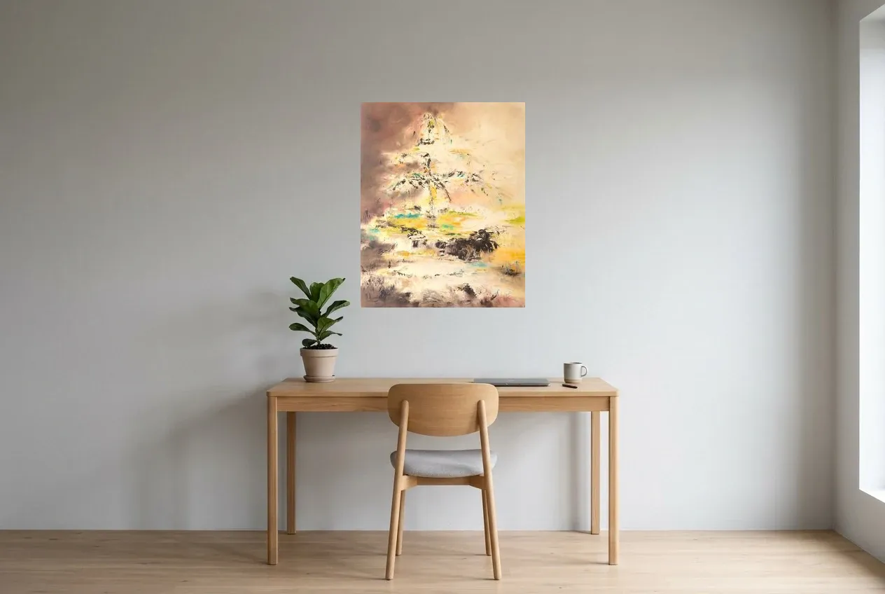 Tableau Abstrait Jaune 65 "Fontaine de Jouvence", peinture originale à l'huile par Régine Gardan, 65 × 81 cm, tableau jaune accroché dans un bureau