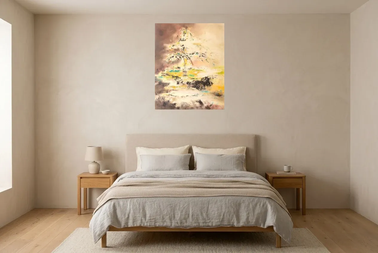 Tableau Abstrait Jaune 65 "Fontaine de Jouvence", peinture originale à l'huile par Régine Gardan, 65 × 81 cm, tableau jaune accroché dans une chambre