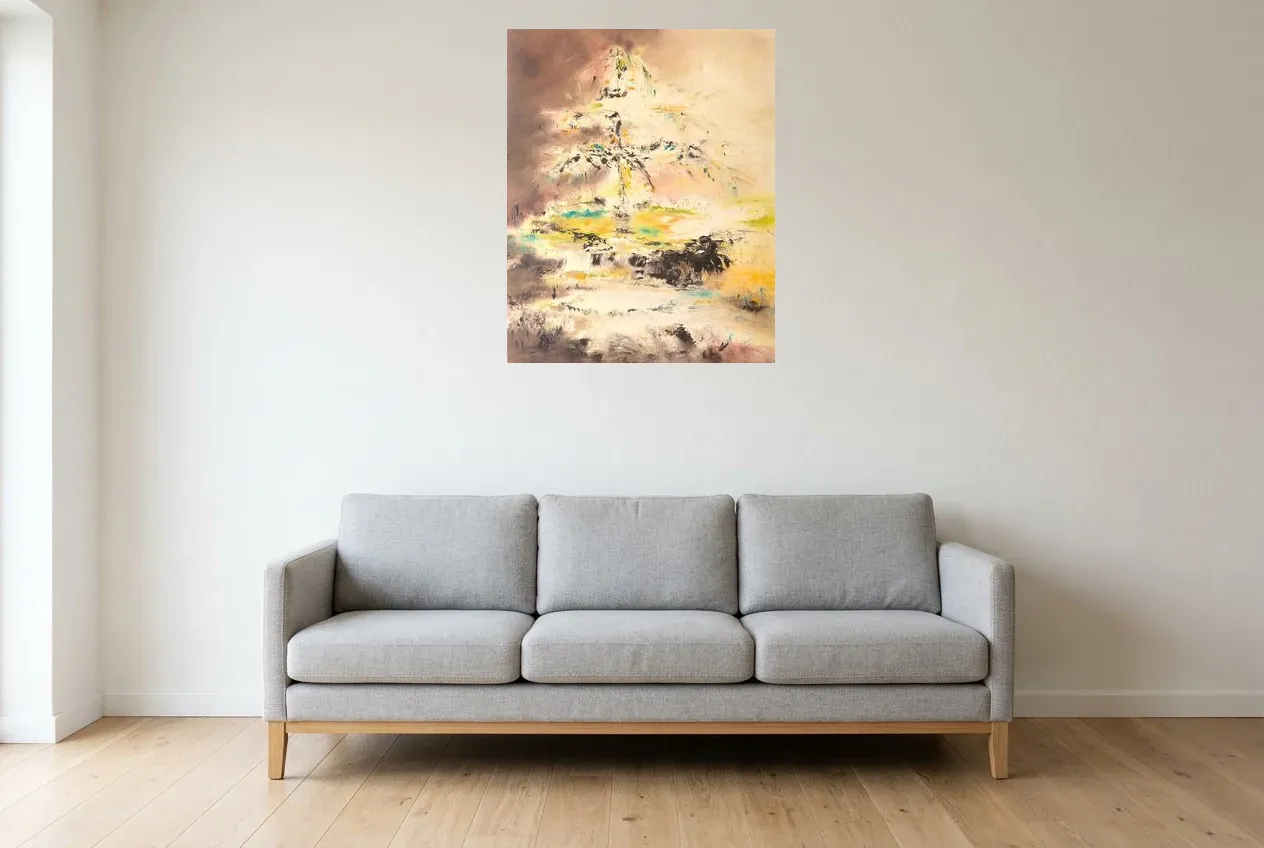 Tableau Abstrait Jaune 65 "Fontaine de Jouvence", peinture originale à l'huile par Régine Gardan, 65 × 81 cm, tableau jaune accroché dans un salon