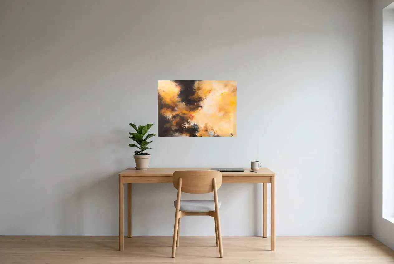 Tableau Abstrait Jaune 66 “l’Espoir”, peinture originale à l'huile par Régine Gardan, 70 × 50 cm, tableau jaune accroché dans un bureau