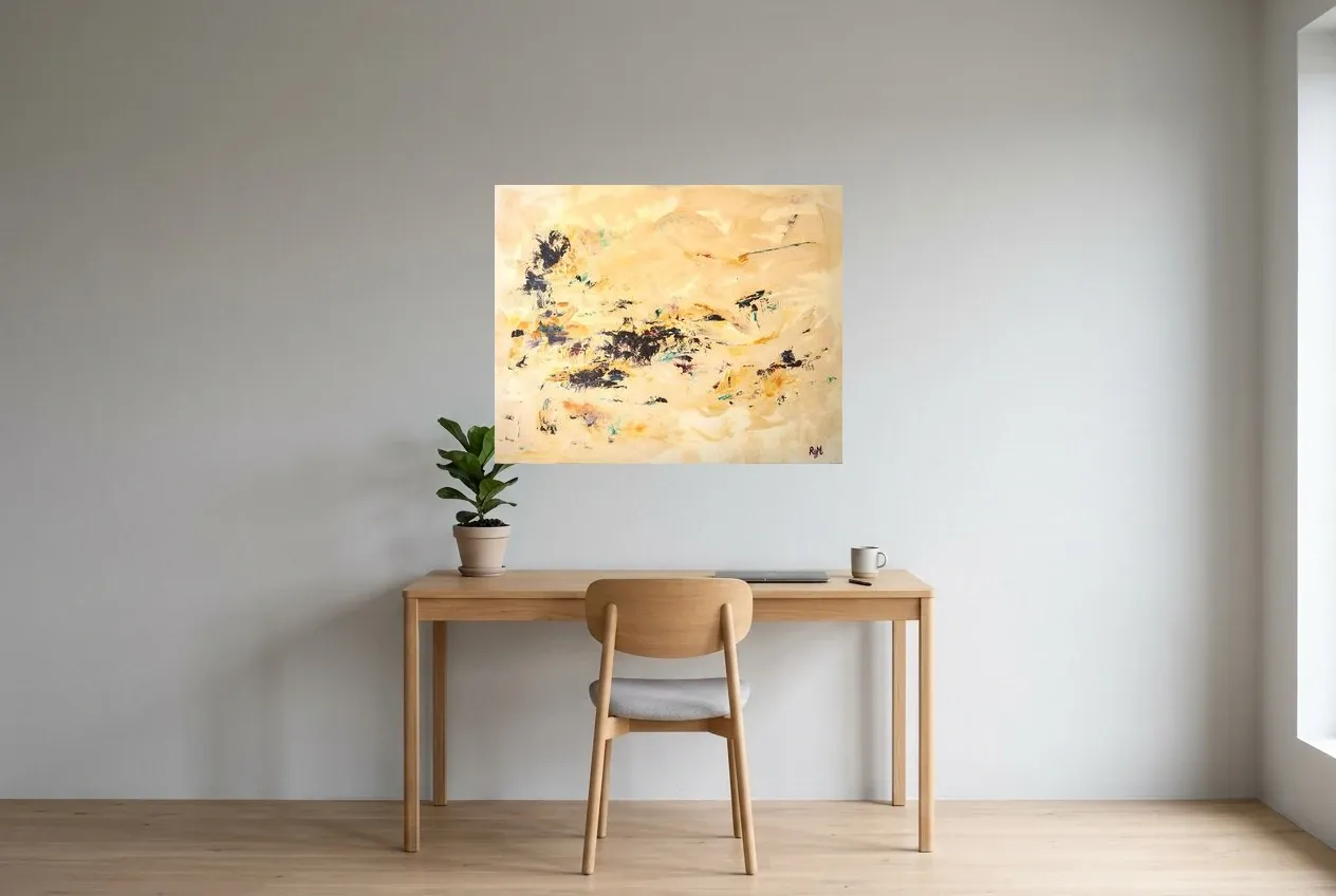 Tableau Abstrait Jaune 8 “Mirage”, peinture originale à l'huile par Régine Gardan, 91 × 73 cm, tableau jaune accroché dans un bureau