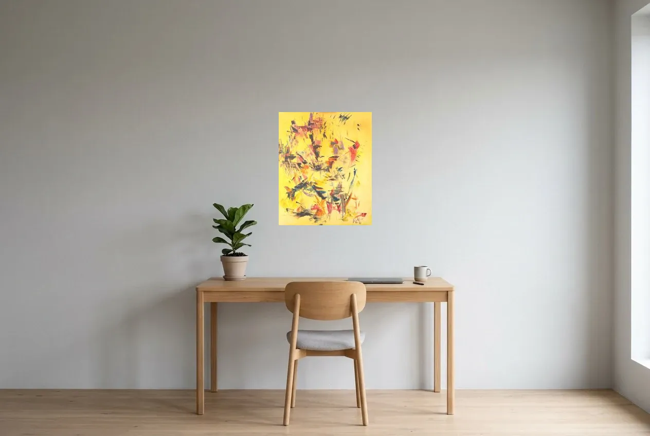 Tableau Abstrait Jaune 9 “Masque Africain”, peinture originale à l'huile par Régine Gardan, 50 × 61 cm, tableau jaune accroché dans un bureau