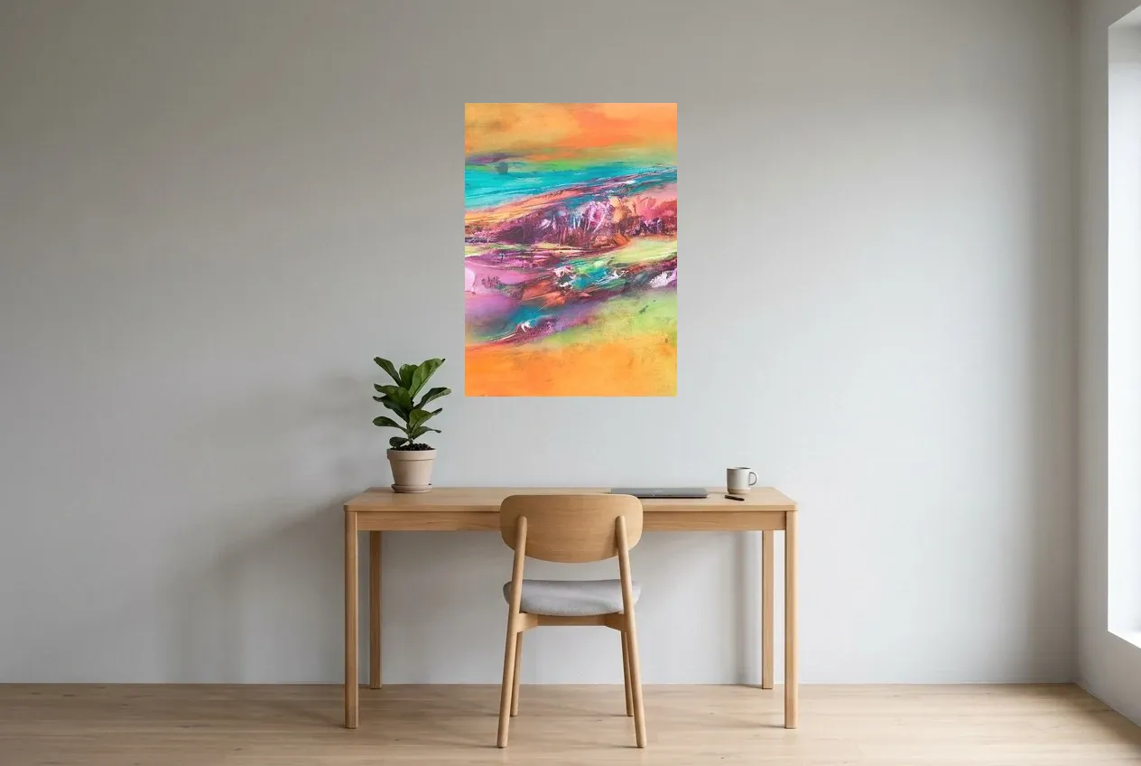 Tableau Abstrait Multicolore 116 “Montagne Des 7 Couleurs”, peinture originale à l'huile par Régine Gardan, 65 × 90 cm, tableau multicolore accroché dans un bureau
