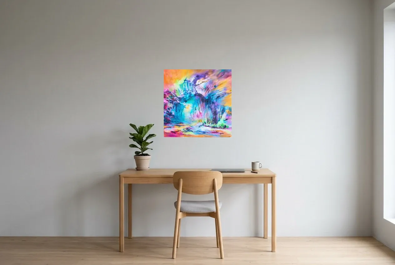 Tableau Abstrait Multicolore 131 “Big Bang”, peinture originale à l'huile par Régine Gardan, 60 × 60 cm, tableau multicolore accroché dans un bureau