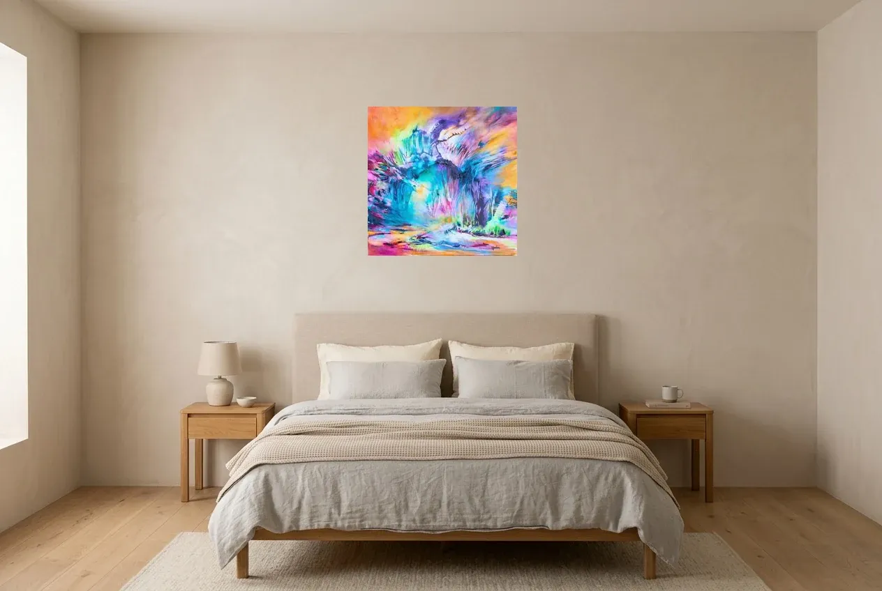 Tableau Abstrait Multicolore 131 “Big Bang”, peinture originale à l'huile par Régine Gardan, 60 × 60 cm, tableau multicolore accroché dans une chambre