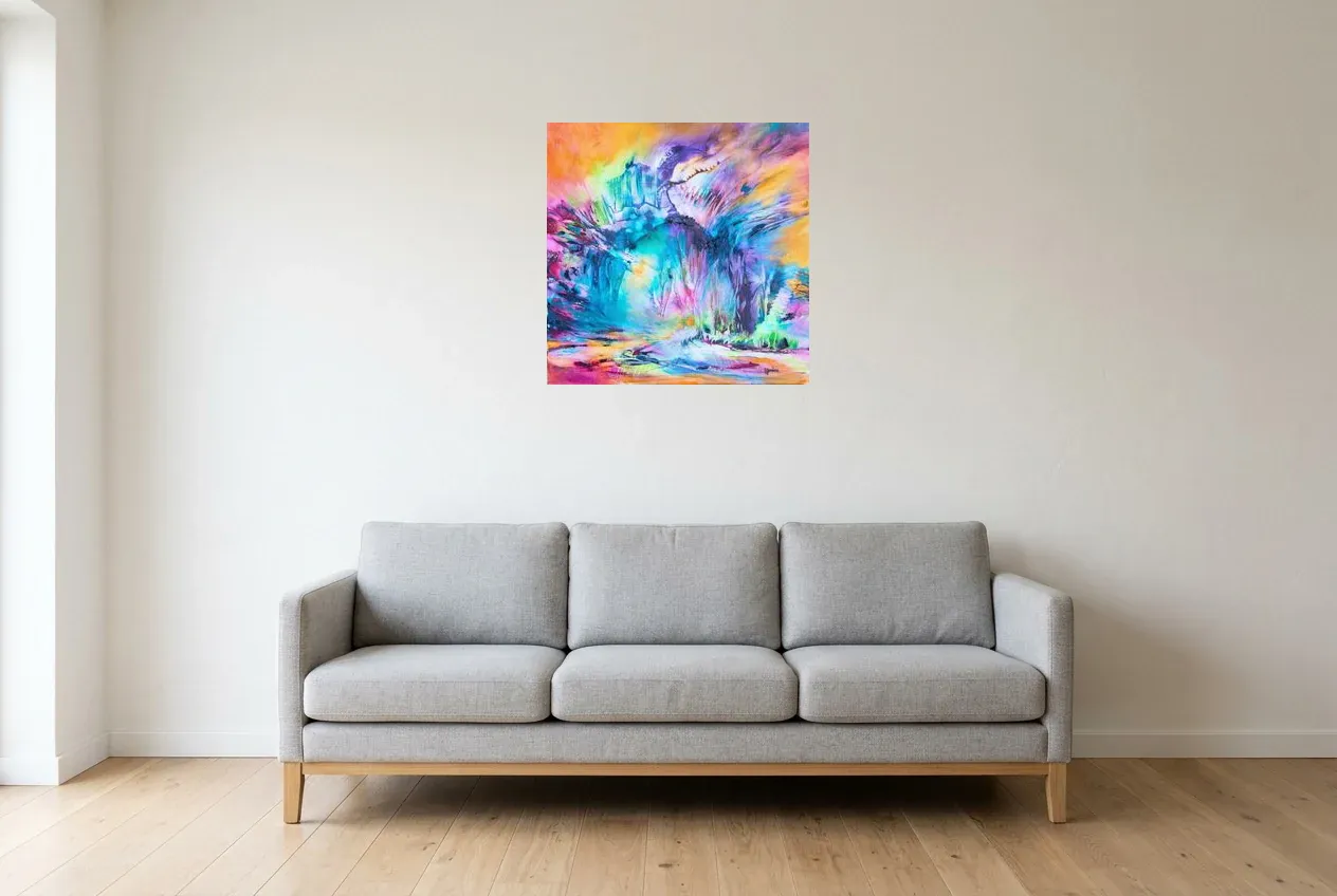 Tableau Abstrait Multicolore 131 “Big Bang”, peinture originale à l'huile par Régine Gardan, 60 × 60 cm, tableau multicolore accroché dans un salon
