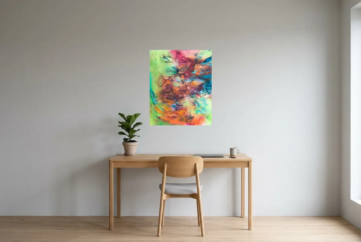 Tableau Abstrait Multicolore 165 “Illusion”, peinture originale à l'huile par Régine Gardan, 60 × 73 cm, tableau multicolore accroché dans un bureau
