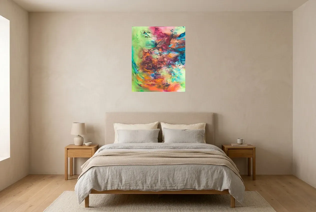 Tableau Abstrait Multicolore 165 “Illusion”, peinture originale à l'huile par Régine Gardan, 60 × 73 cm, tableau multicolore accroché dans une chambre