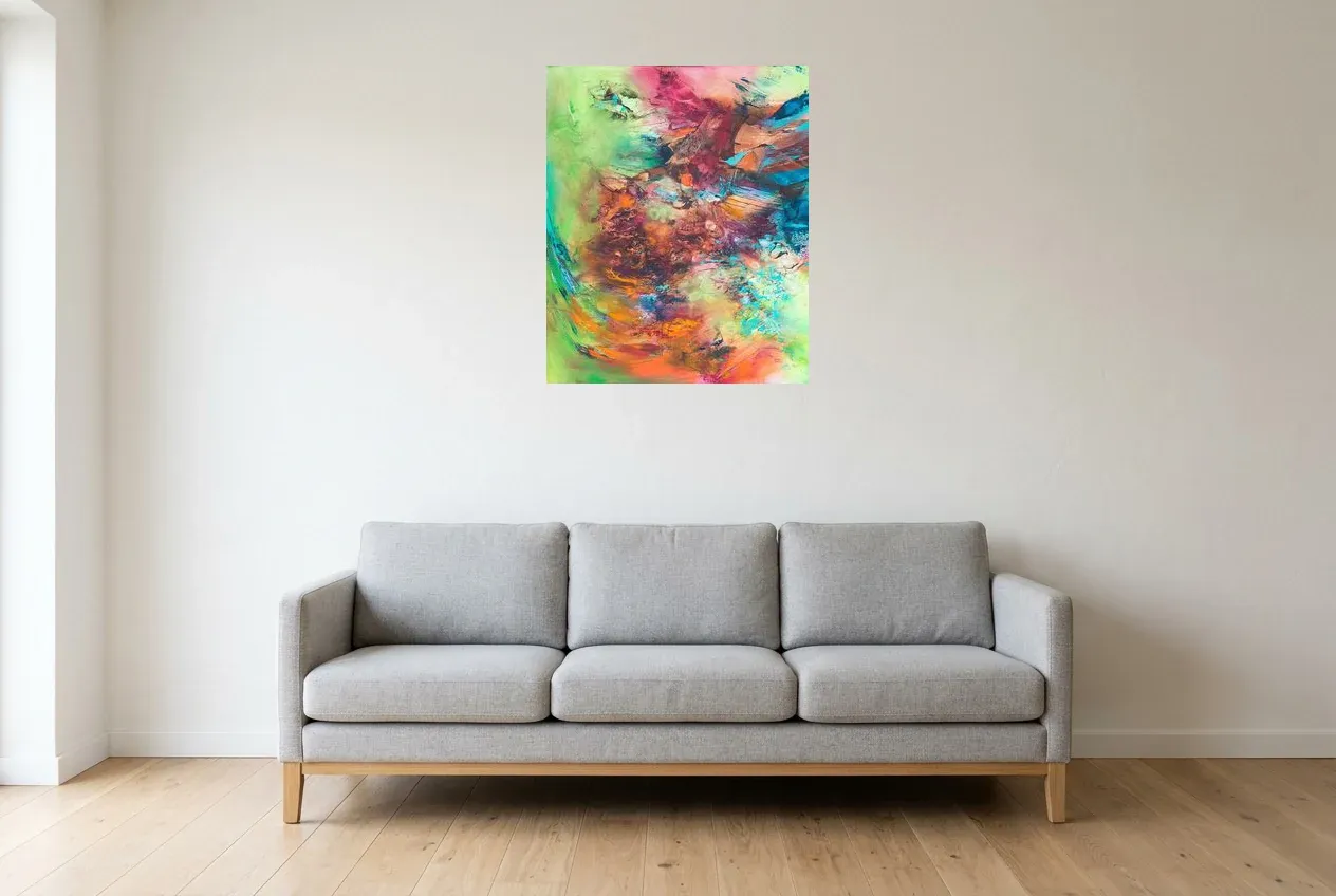 Tableau Abstrait Multicolore 165 “Illusion”, peinture originale à l'huile par Régine Gardan, 60 × 73 cm, tableau multicolore accroché dans un salon