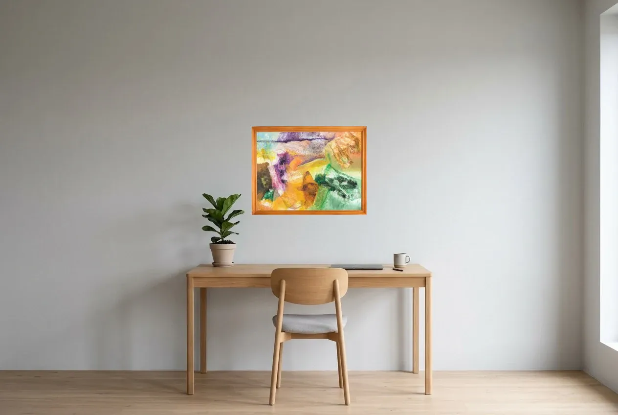 Tableau Abstrait Multicolore 176 “Dimensions”, peinture originale à l'huile par Régine Gardan, 65 × 50 cm, tableau multicolore accroché dans un bureau