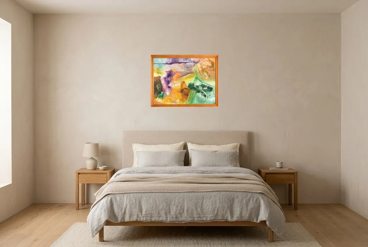 Tableau Abstrait Multicolore 176 “Dimensions”, peinture originale à l'huile par Régine Gardan, 65 × 50 cm, tableau multicolore accroché dans une chambre