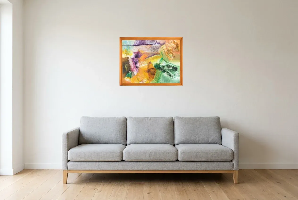 Tableau Abstrait Multicolore 176 “Dimensions”, peinture originale à l'huile par Régine Gardan, 65 × 50 cm, tableau multicolore accroché dans un salon