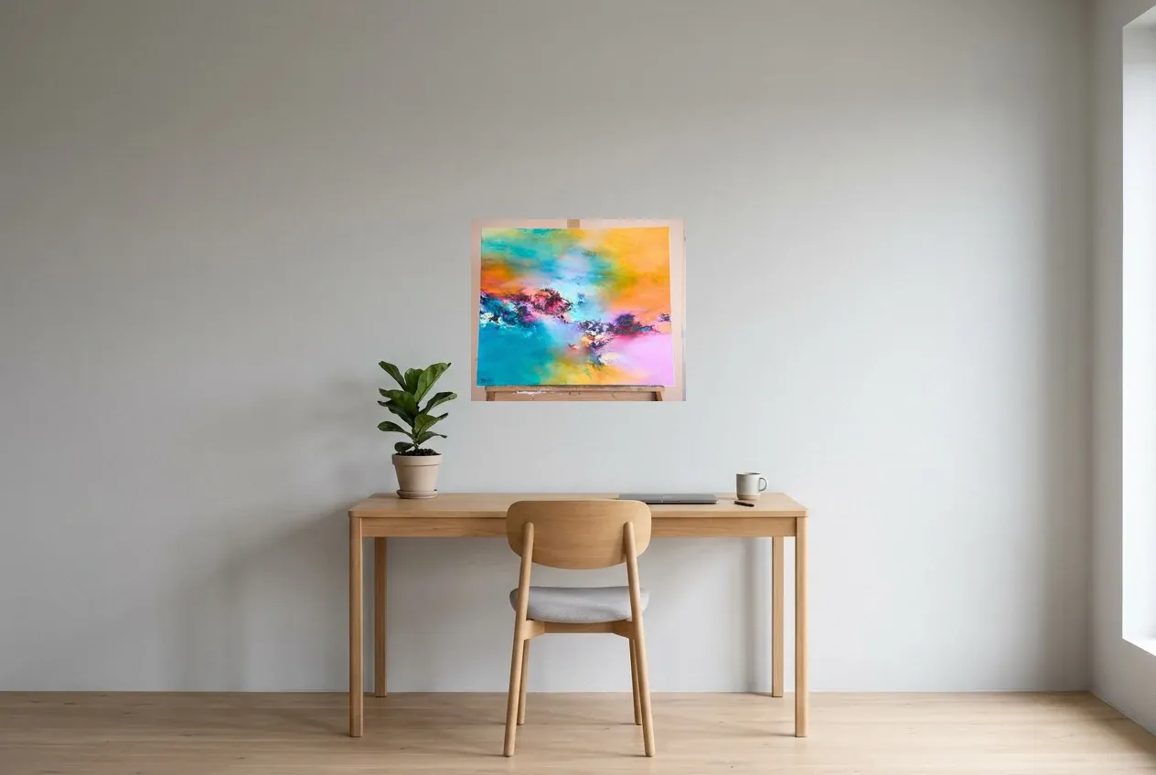 Tableau Abstrait Multicolore 198 “Grande Barrière De Corail”, peinture originale à l'huile par Régine Gardan, 65 × 55 cm, tableau multicolore accroché dans un bureau