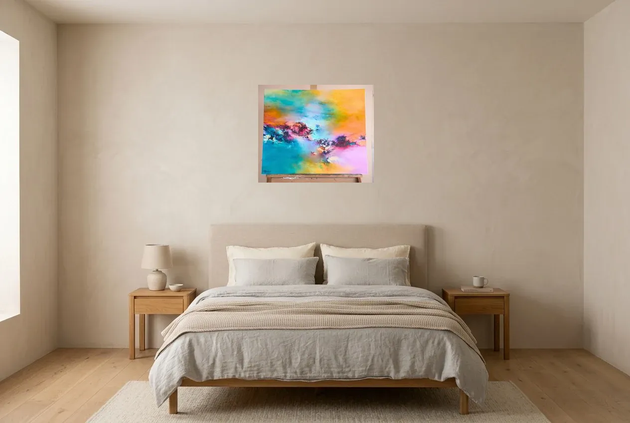 Tableau Abstrait Multicolore 198 “Grande Barrière De Corail”, peinture originale à l'huile par Régine Gardan, 65 × 55 cm, tableau multicolore accroché dans une chambre