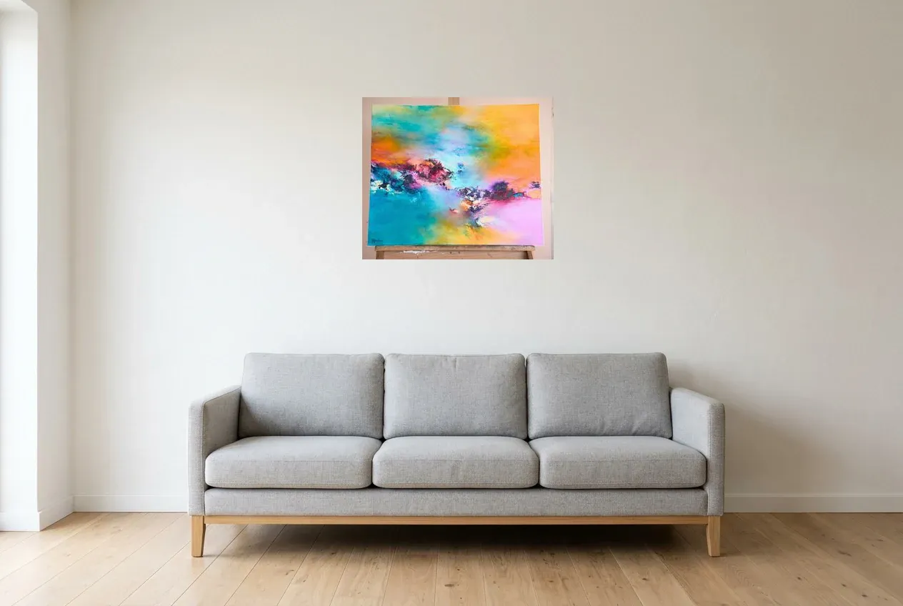 Tableau Abstrait Multicolore 198 “Grande Barrière De Corail”, peinture originale à l'huile par Régine Gardan, 65 × 55 cm, tableau multicolore accroché dans un salon
