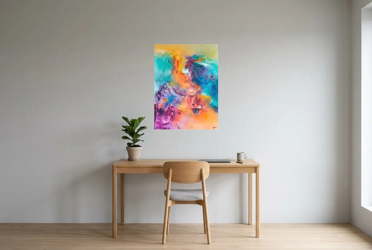 Tableau Abstrait Multicolore 221 “Nirvana”, peinture originale à l'huile par Régine Gardan, 60 × 80 cm, tableau multicolore accroché dans un bureau