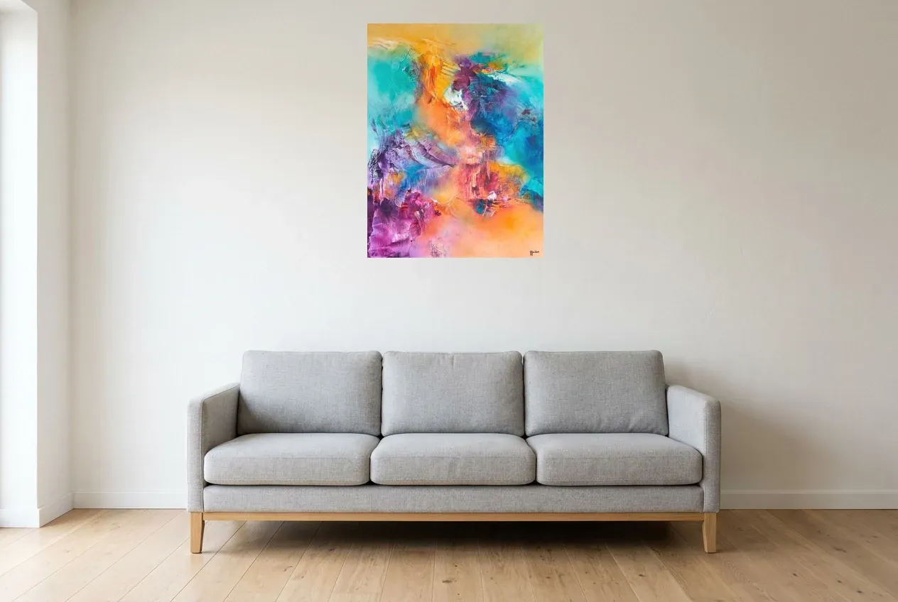 Tableau Abstrait Multicolore 221 “Nirvana”, peinture originale à l'huile par Régine Gardan, 60 × 80 cm, tableau multicolore accroché dans un salon