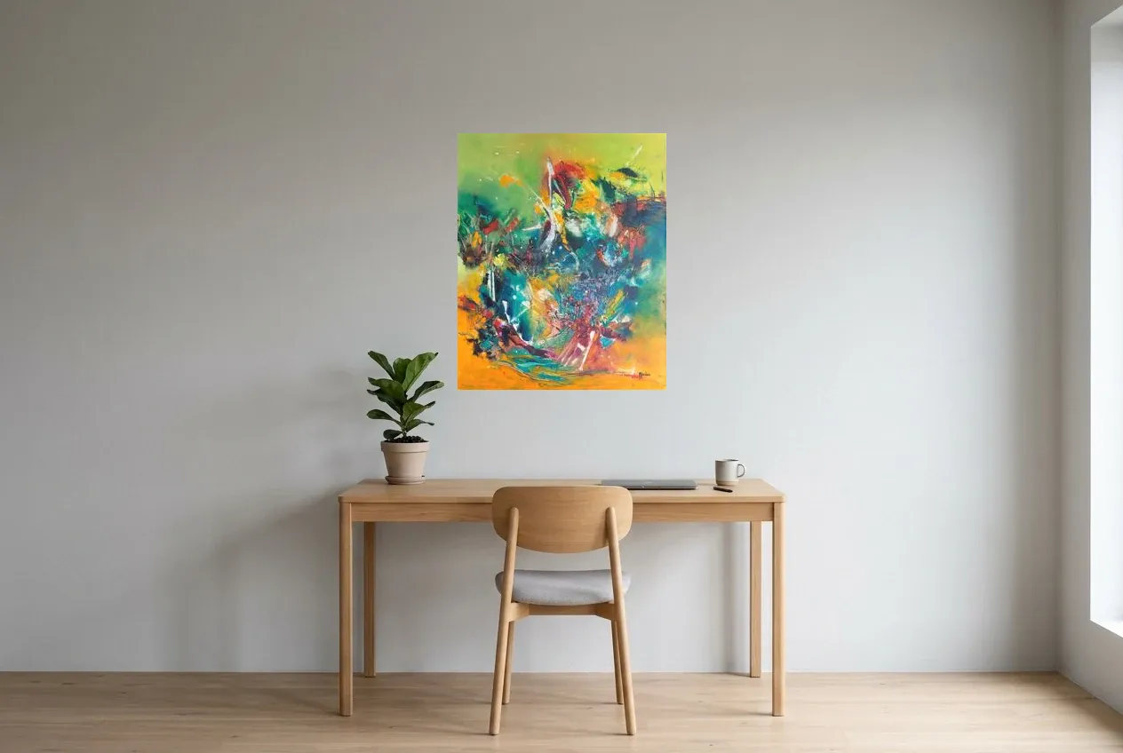 Tableau Abstrait Multicolore 222 “Feu d’Artifice”, peinture originale à l'huile par Régine Gardan, 65 × 80 cm, tableau multicolore accroché dans un bureau