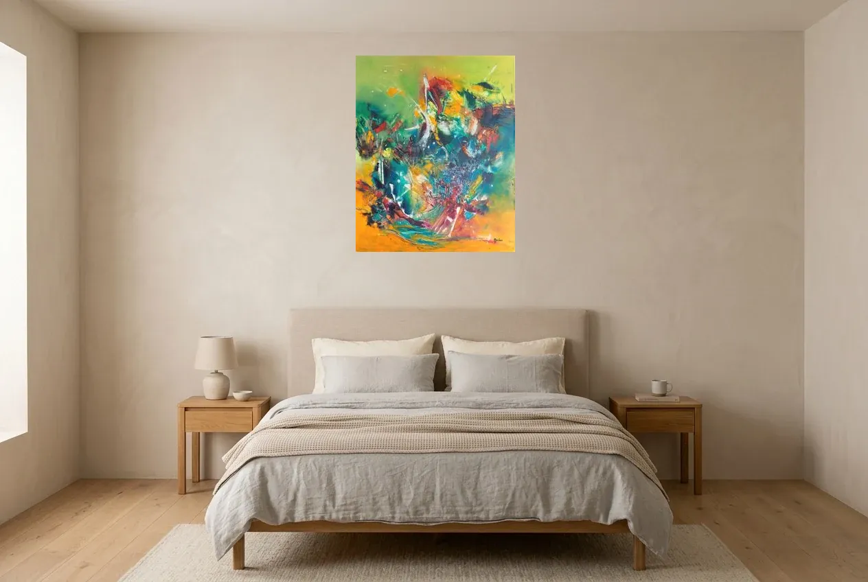 Tableau Abstrait Multicolore 222 “Feu d’Artifice”, peinture originale à l'huile par Régine Gardan, 65 × 80 cm, tableau multicolore accroché dans une chambre
